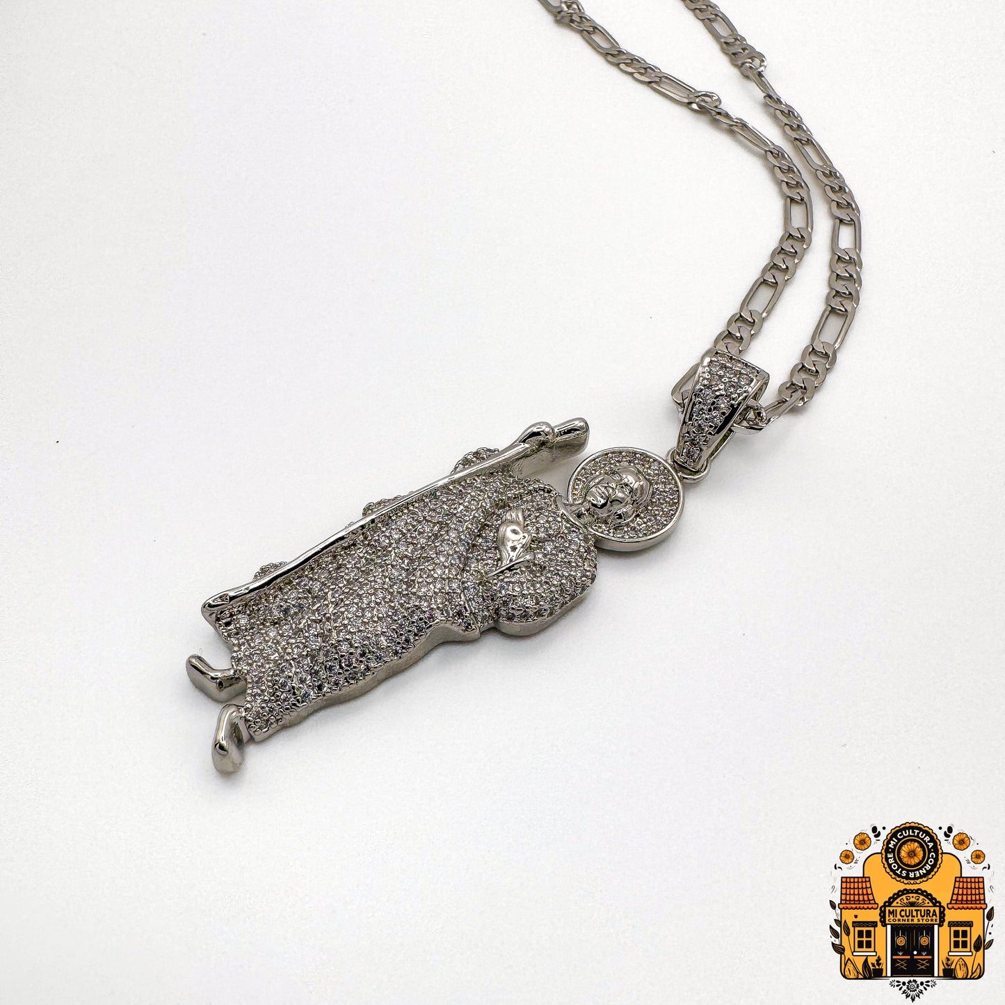 Blinged Out San Judas Silver Pendant with Cuban Link Necklace