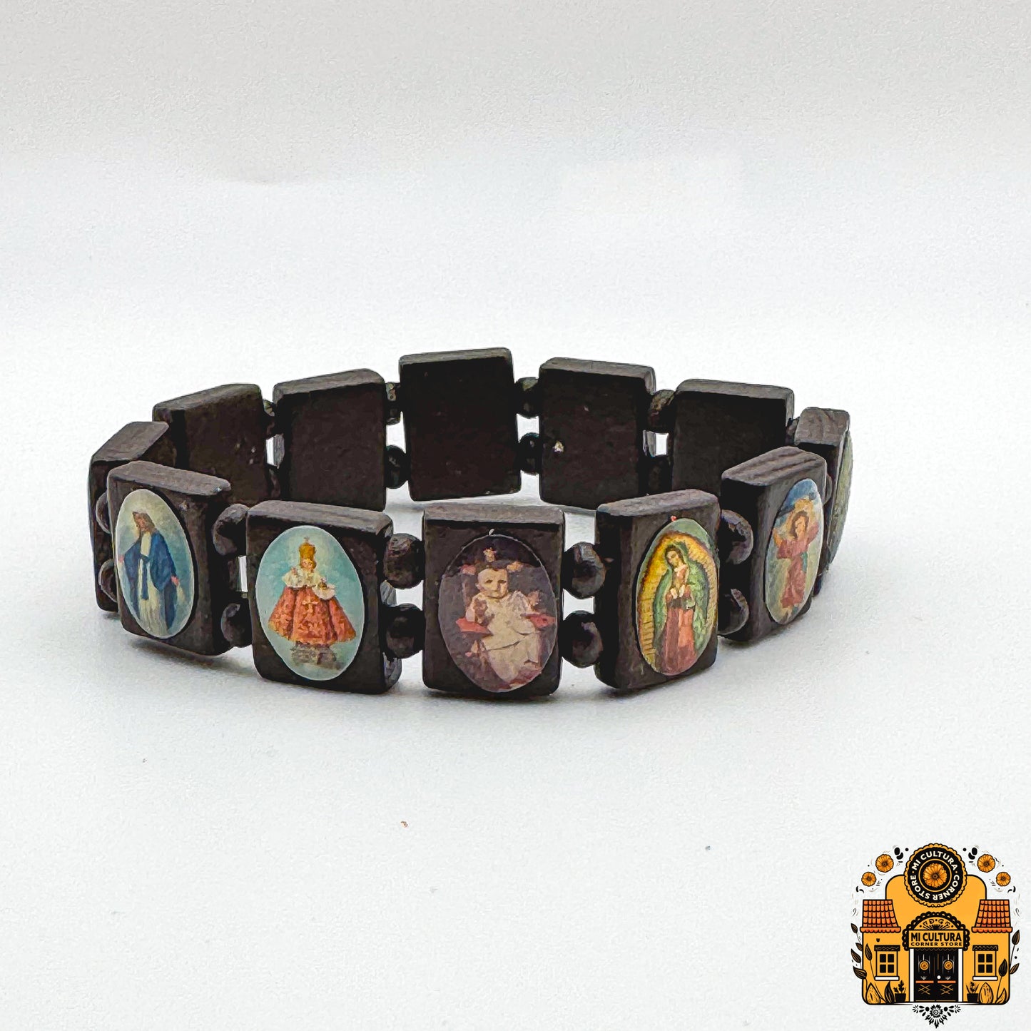 Wood Multi-Saints Bracelet: Embrace Faith with Icons of Jesus, Virgin Mary, Saints, and More!