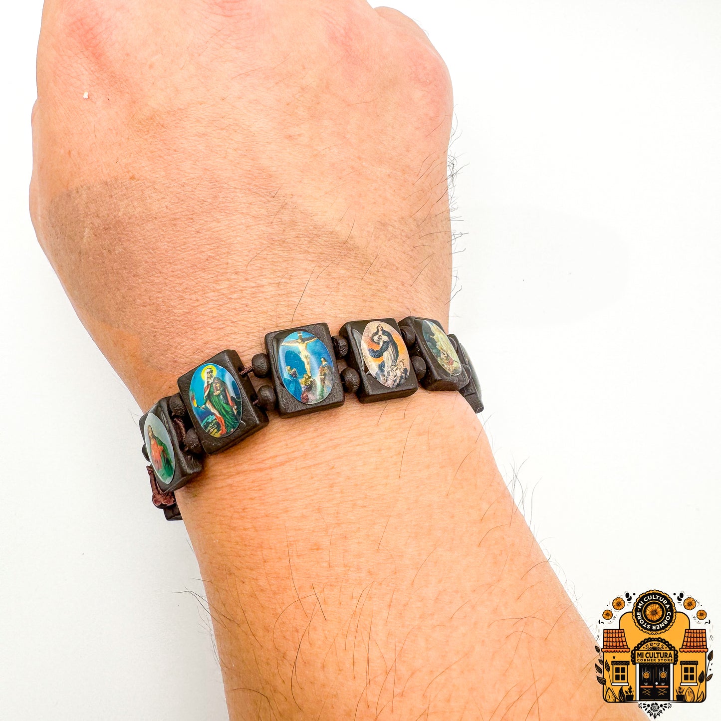 Wood Multi-Saints Bracelet: Embrace Faith with Icons of Jesus, Virgin Mary, Saints, and More!