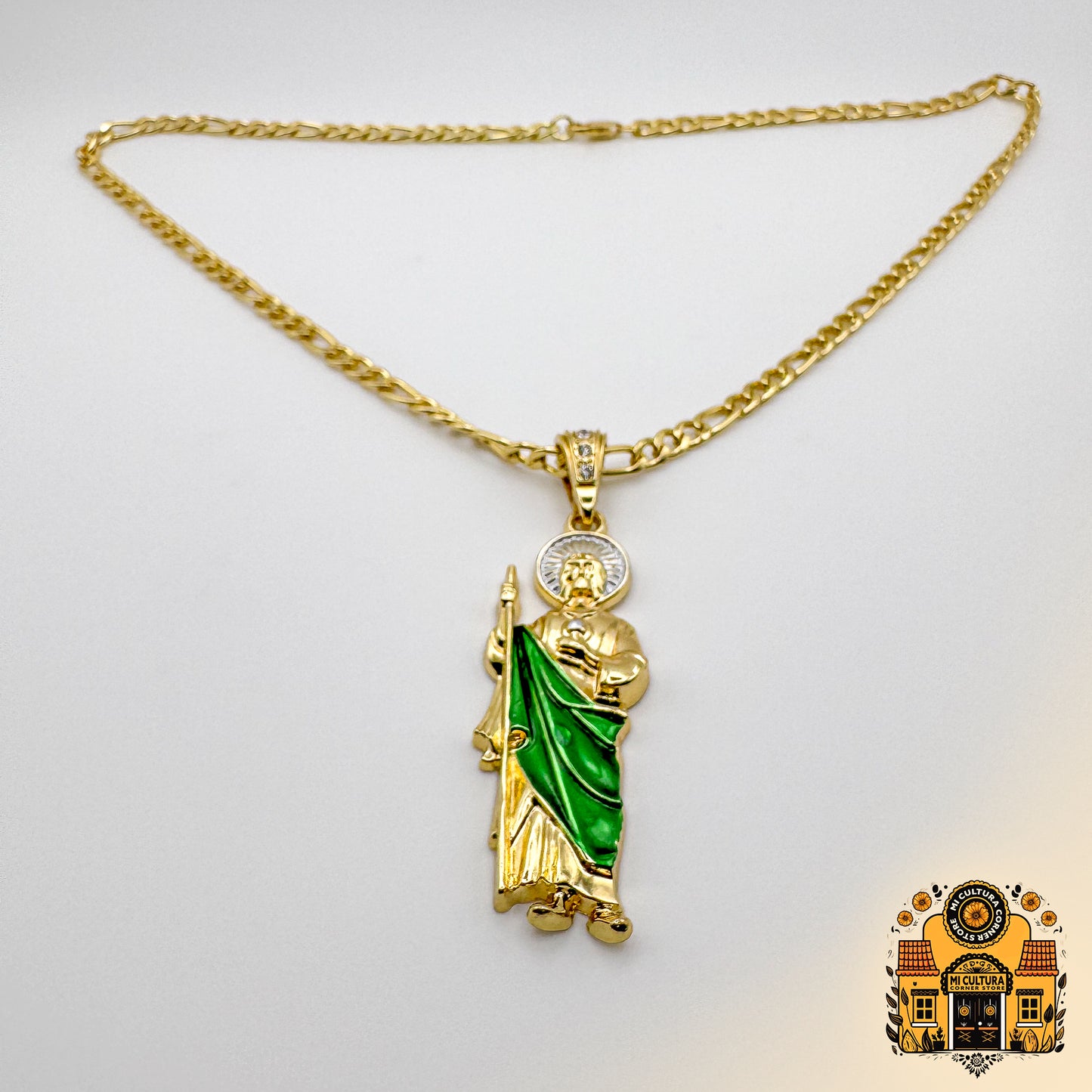 14K Gold Plated St. Jude Necklace with Green Robe and Silver Halo - Figaro Chain San Judas Pendant / Collar de San Judas Tadeo Chapado en Oro 14K Con bata verde y halo plateado - Cadena Figaro con Colgante