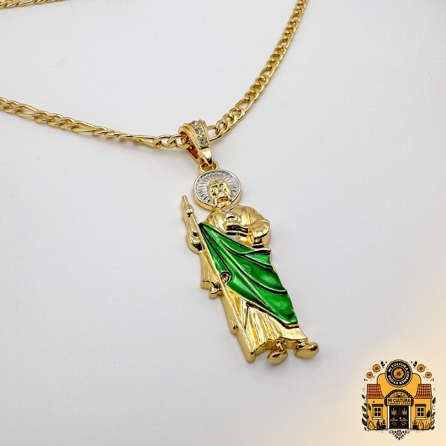 14K Gold Plated St. Jude Necklace with Green Robe and Silver Halo - Figaro Chain San Judas Pendant / Collar de San Judas Tadeo Chapado en Oro 14K Con bata verde y halo plateado - Cadena Figaro con Colgante