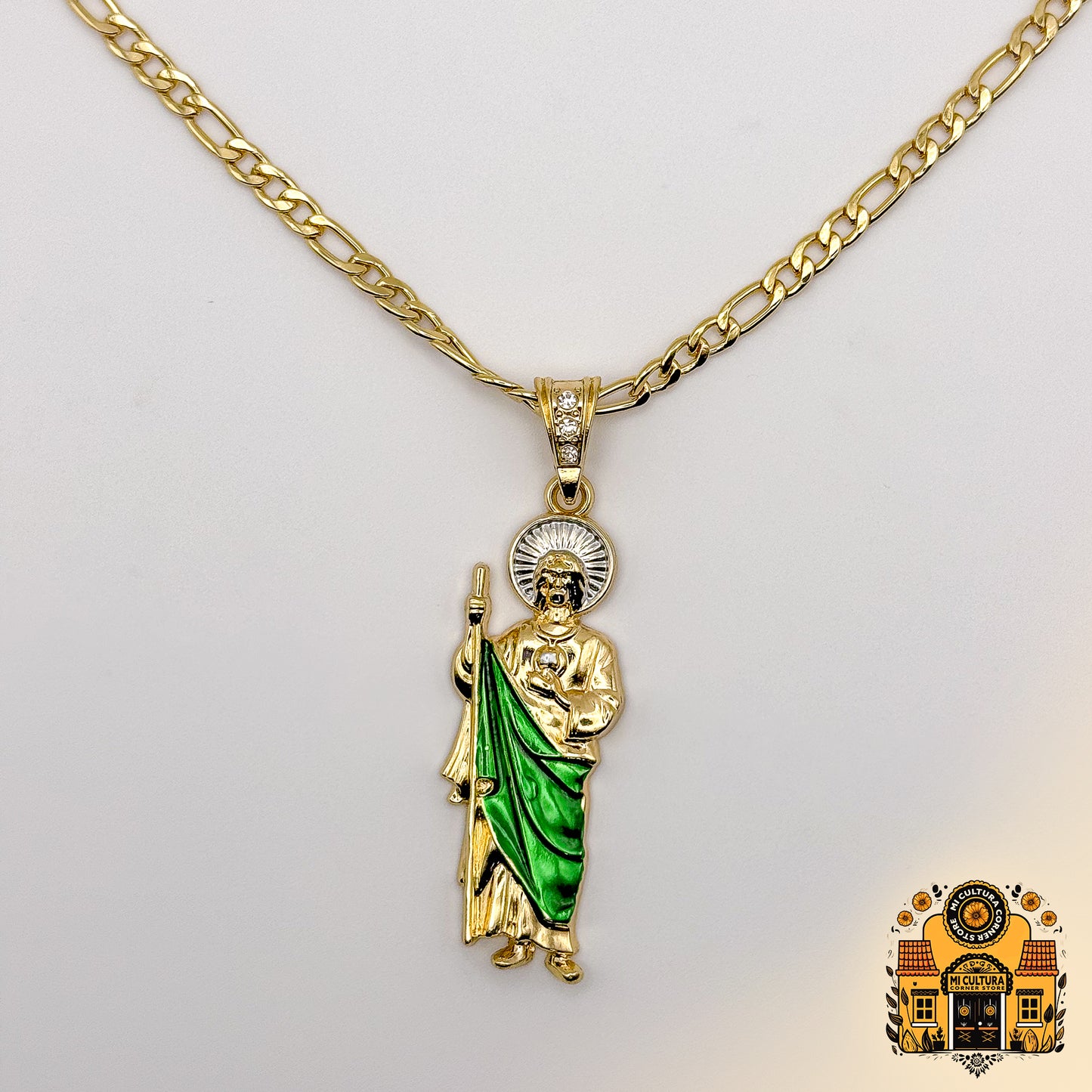 14K Gold Plated St. Jude Necklace with Green Robe and Silver Halo - Figaro Chain San Judas Pendant / Collar de San Judas Tadeo Chapado en Oro 14K Con bata verde y halo plateado - Cadena Figaro con Colgante