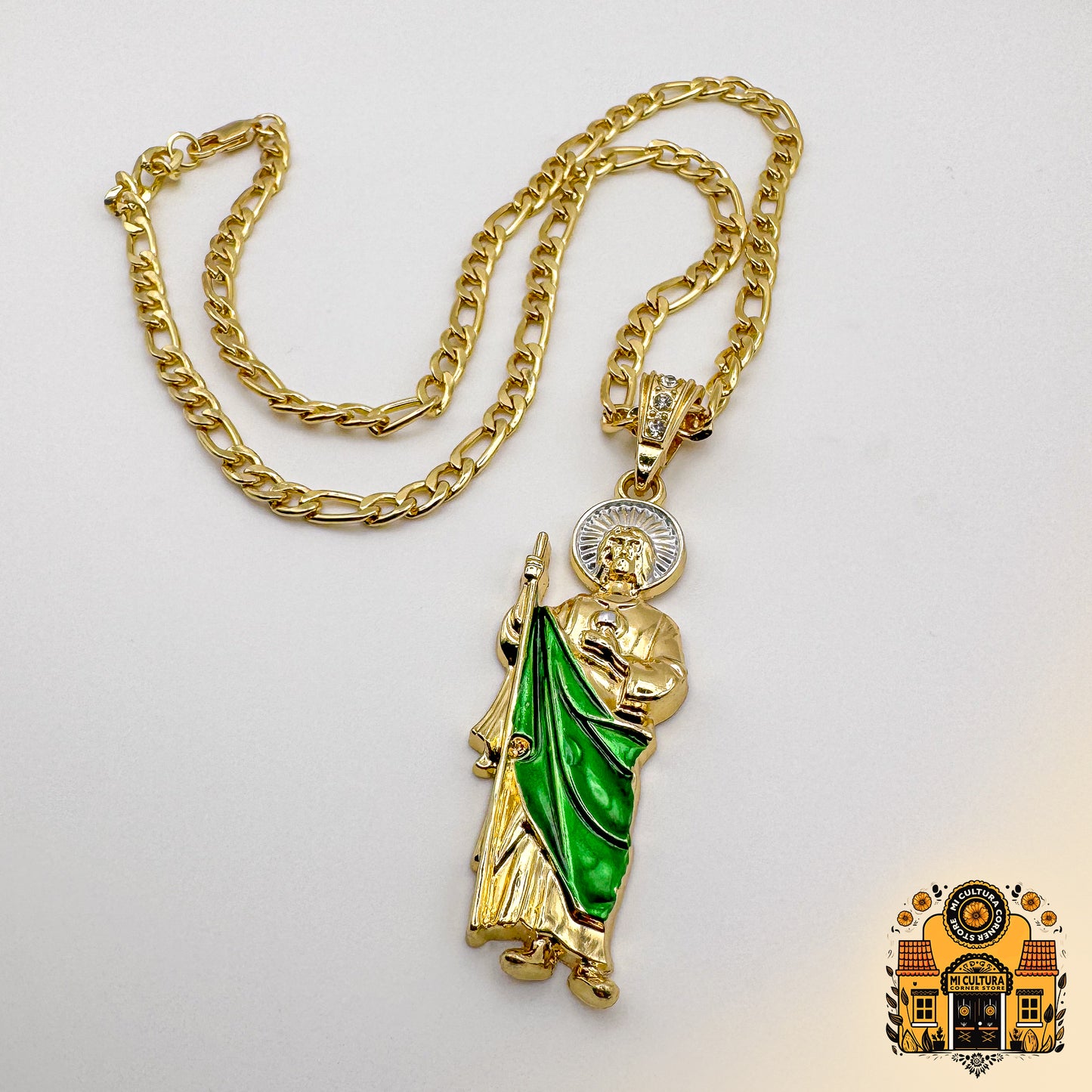 14K Gold Plated St. Jude Necklace with Green Robe and Silver Halo - Figaro Chain San Judas Pendant / Collar de San Judas Tadeo Chapado en Oro 14K Con bata verde y halo plateado - Cadena Figaro con Colgante