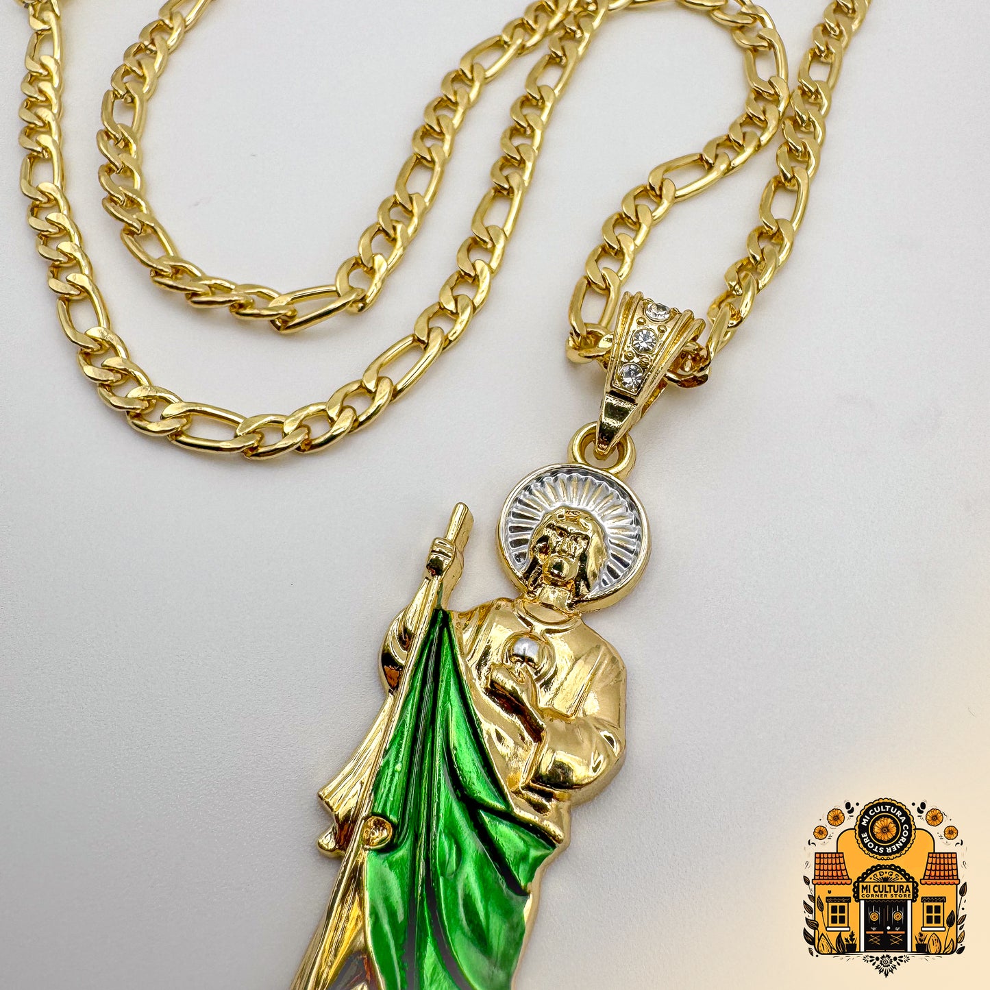 14K Gold Plated St. Jude Necklace with Green Robe and Silver Halo - Figaro Chain San Judas Pendant / Collar de San Judas Tadeo Chapado en Oro 14K Con bata verde y halo plateado - Cadena Figaro con Colgante