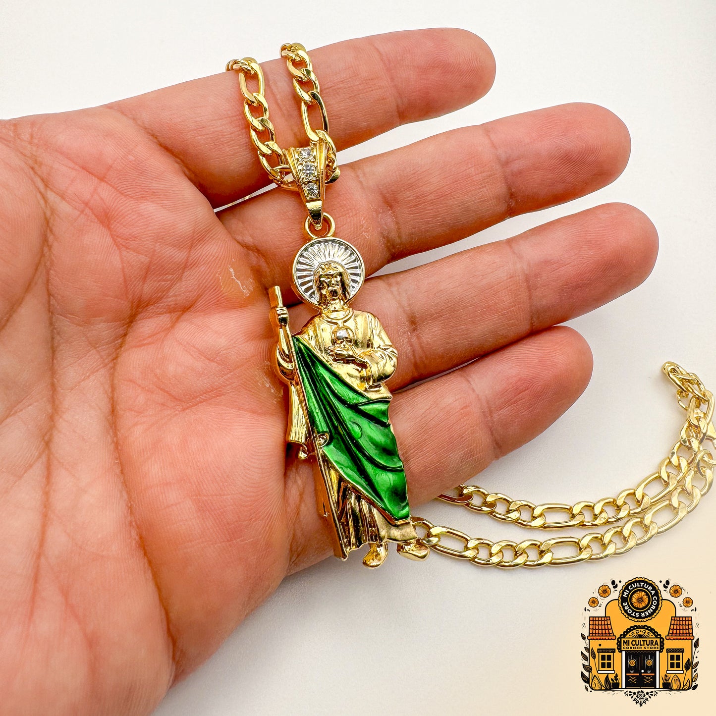 14K Gold Plated St. Jude Necklace with Green Robe and Silver Halo - Figaro Chain San Judas Pendant / Collar de San Judas Tadeo Chapado en Oro 14K Con bata verde y halo plateado - Cadena Figaro con Colgante