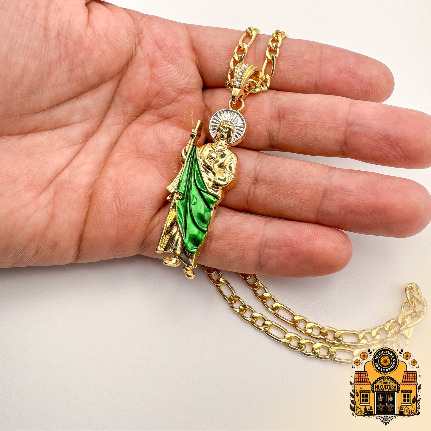 14K Gold Plated St. Jude Necklace with Green Robe and Silver Halo - Figaro Chain San Judas Pendant / Collar de San Judas Tadeo Chapado en Oro 14K Con bata verde y halo plateado - Cadena Figaro con Colgante