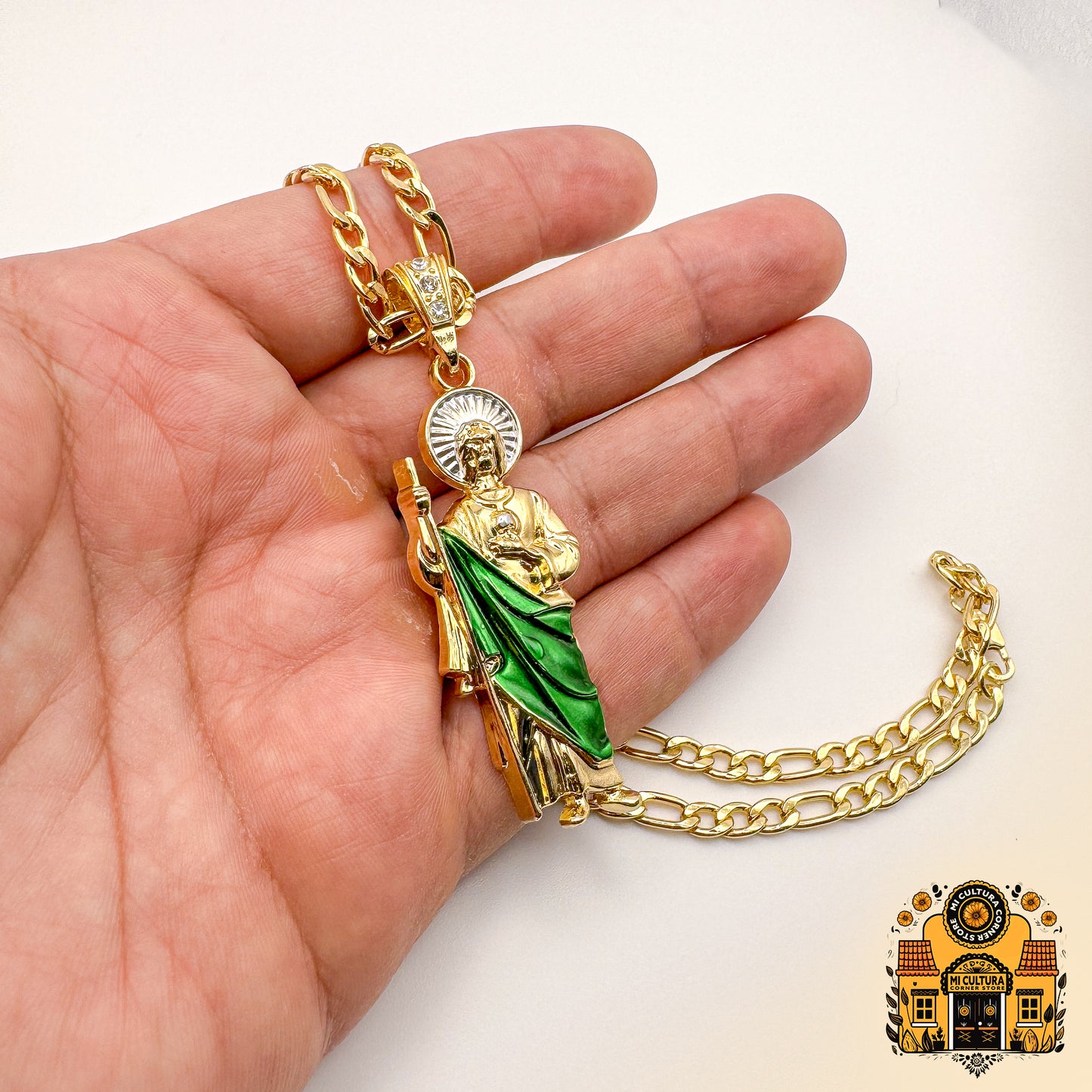 14K Gold Plated St. Jude Necklace with Green Robe and Silver Halo - Figaro Chain San Judas Pendant / Collar de San Judas Tadeo Chapado en Oro 14K Con bata verde y halo plateado - Cadena Figaro con Colgante