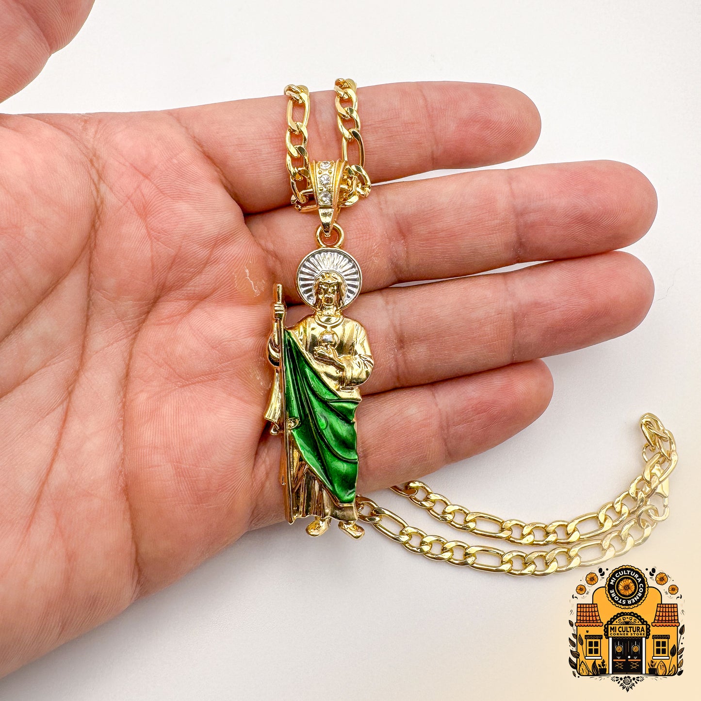 14K Gold Plated St. Jude Necklace with Green Robe and Silver Halo - Figaro Chain San Judas Pendant / Collar de San Judas Tadeo Chapado en Oro 14K Con bata verde y halo plateado - Cadena Figaro con Colgante