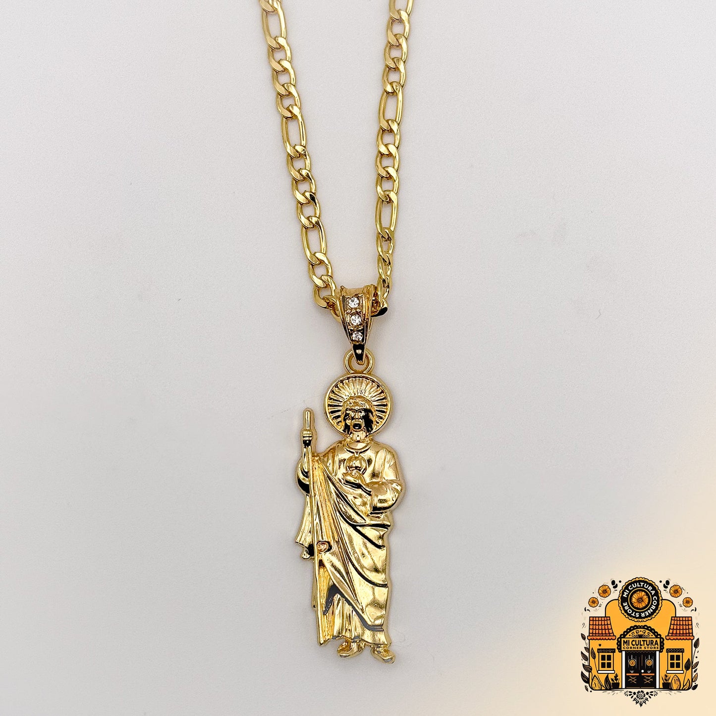 14K Gold Plated St. Jude Necklace - All Gold - Figaro Chain San Judas Pendant / Collar de San Judas Tadeo Chapado en Oro 14K - Todo Oro - Cadena Figaro con Colgante