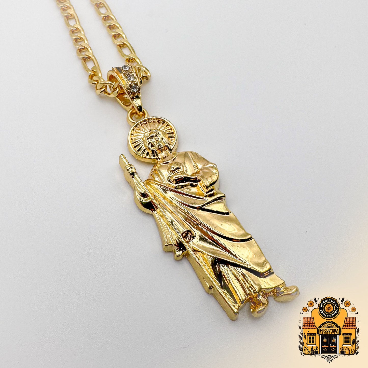 14K Gold Plated St. Jude Necklace - All Gold - Figaro Chain San Judas Pendant / Collar de San Judas Tadeo Chapado en Oro 14K - Todo Oro - Cadena Figaro con Colgante