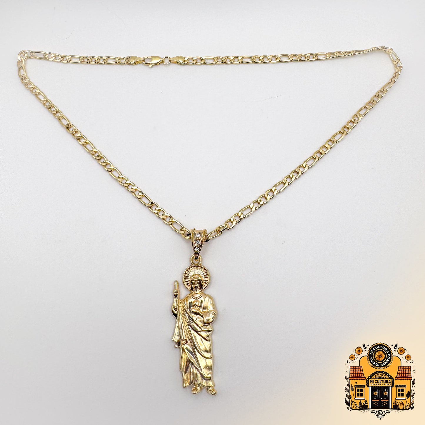 14K Gold Plated St. Jude Necklace - All Gold - Figaro Chain San Judas Pendant / Collar de San Judas Tadeo Chapado en Oro 14K - Todo Oro - Cadena Figaro con Colgante