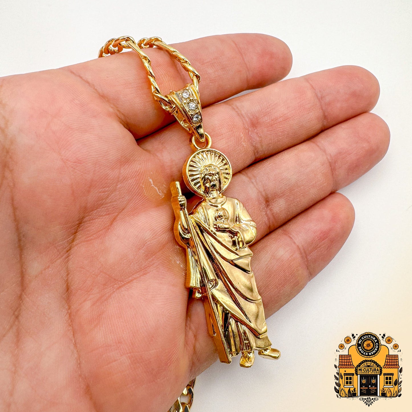 14K Gold Plated St. Jude Necklace - All Gold - Figaro Chain San Judas Pendant / Collar de San Judas Tadeo Chapado en Oro 14K - Todo Oro - Cadena Figaro con Colgante