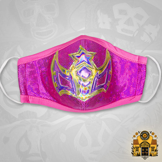 Sexy Star Light Gold on Pink and Light Metallic Purple Mexican Luchadora Face Cover