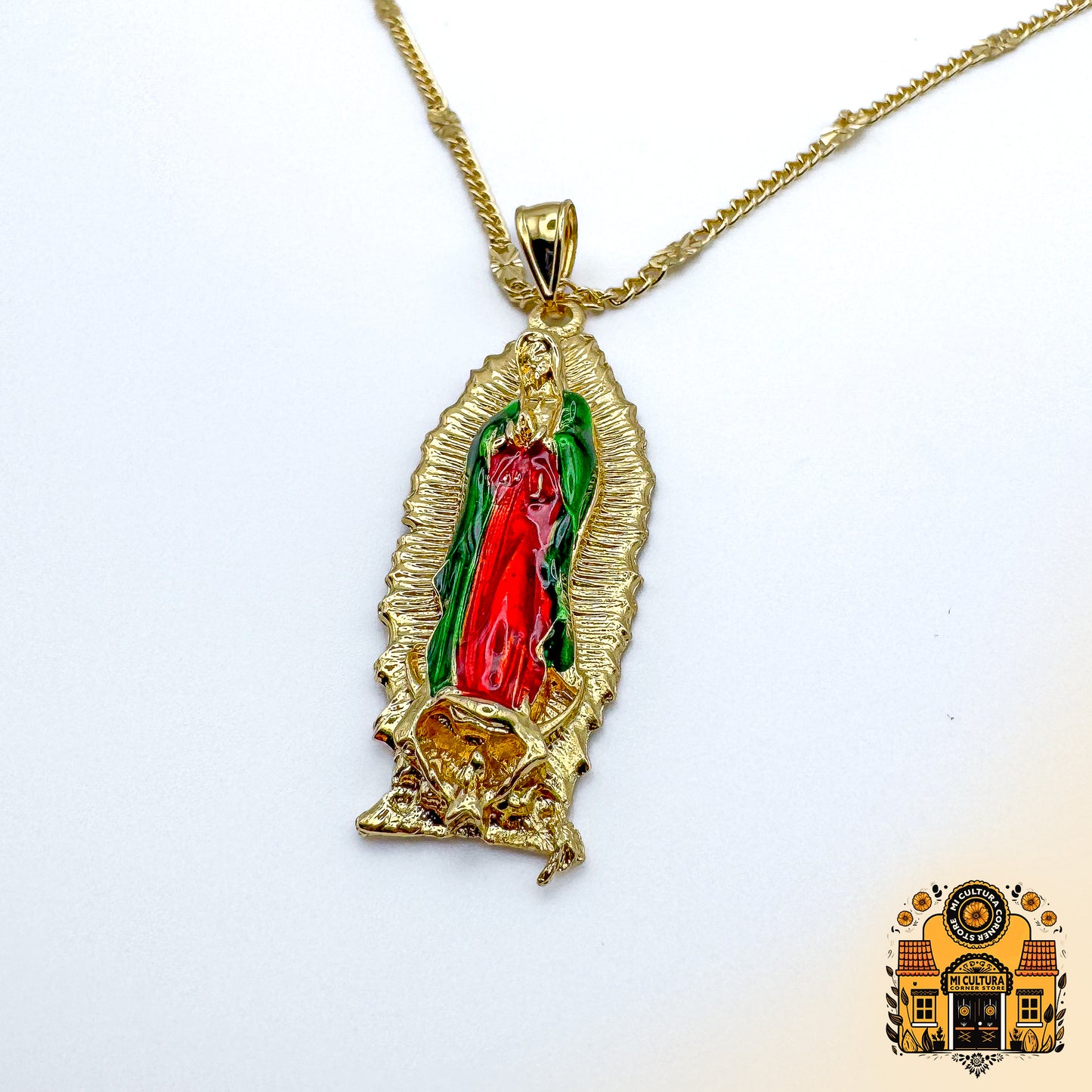 Gold-Plated Virgen de Guadalupe Necklace - 2" Spiritual Pendant with Enamel Detailing