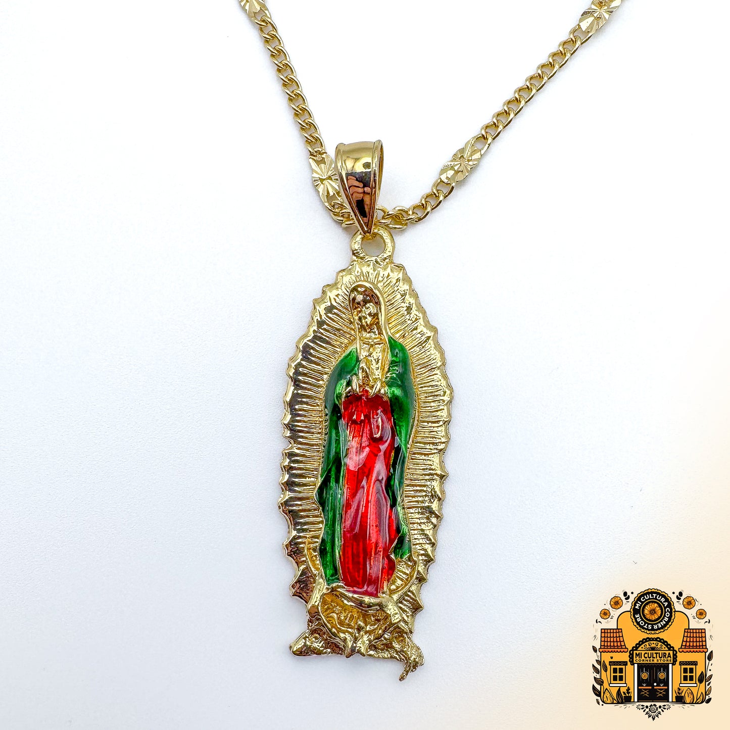 Gold-Plated Virgen de Guadalupe Necklace - 2" Spiritual Pendant with Enamel Detailing