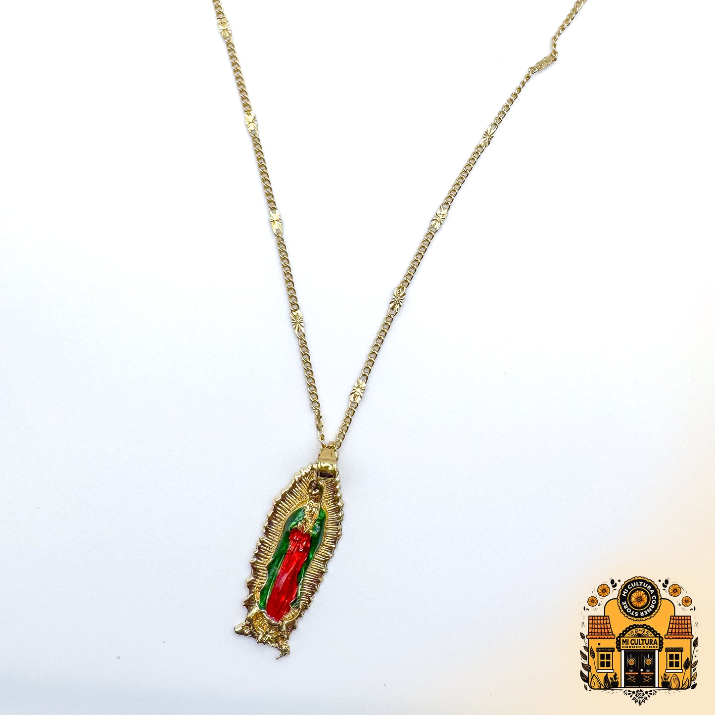 Gold-Plated Virgen de Guadalupe Necklace - 2" Spiritual Pendant with Enamel Detailing