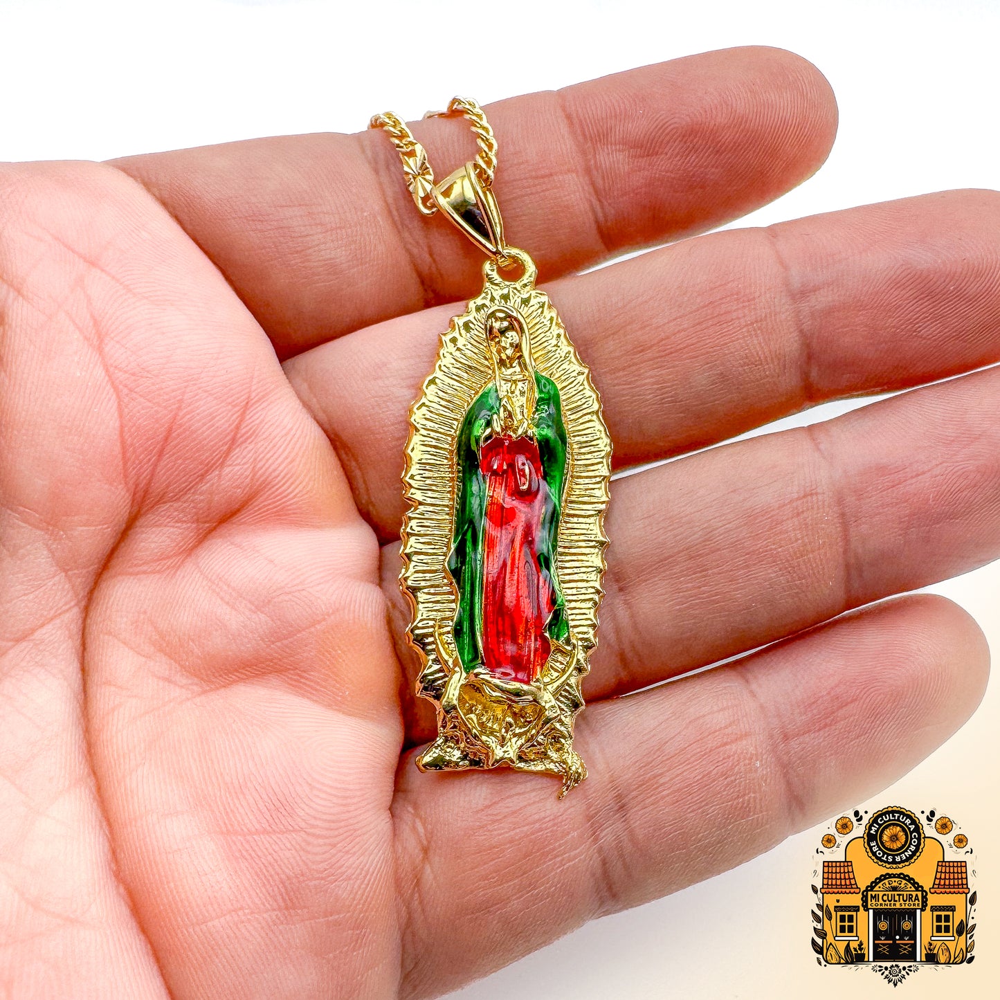 Gold-Plated Virgen de Guadalupe Necklace - 2" Spiritual Pendant with Enamel Detailing