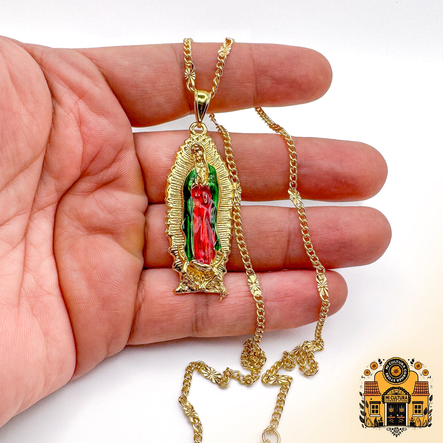 Gold-Plated Virgen de Guadalupe Necklace - 2" Spiritual Pendant with Enamel Detailing