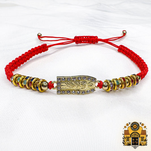 San Judas Tadeo Adjustable Red Thread Bracelet: Easter Blessings for All Ages! Symbolic Charm Surrounded by Crystals.