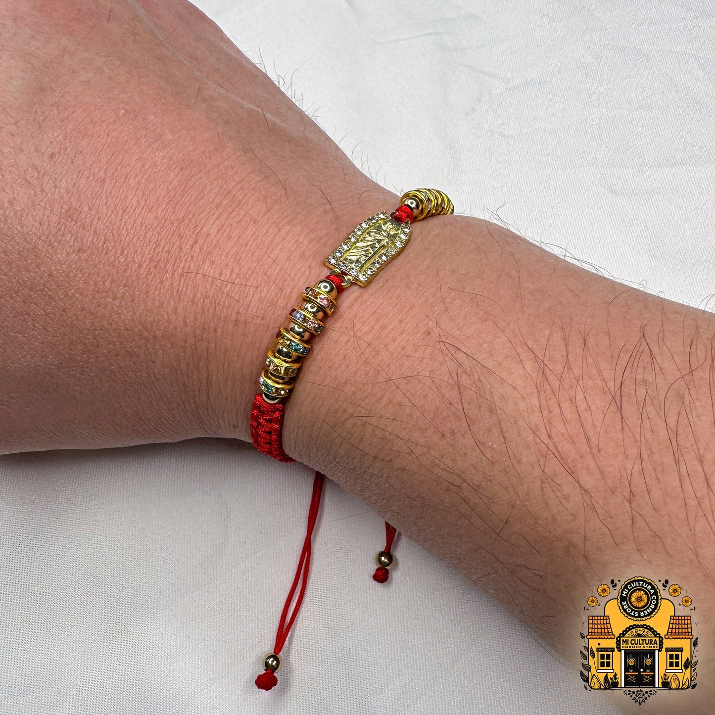 San Judas Tadeo Adjustable Red Thread Bracelet: Easter Blessings for All Ages! Symbolic Charm Surrounded by Crystals.