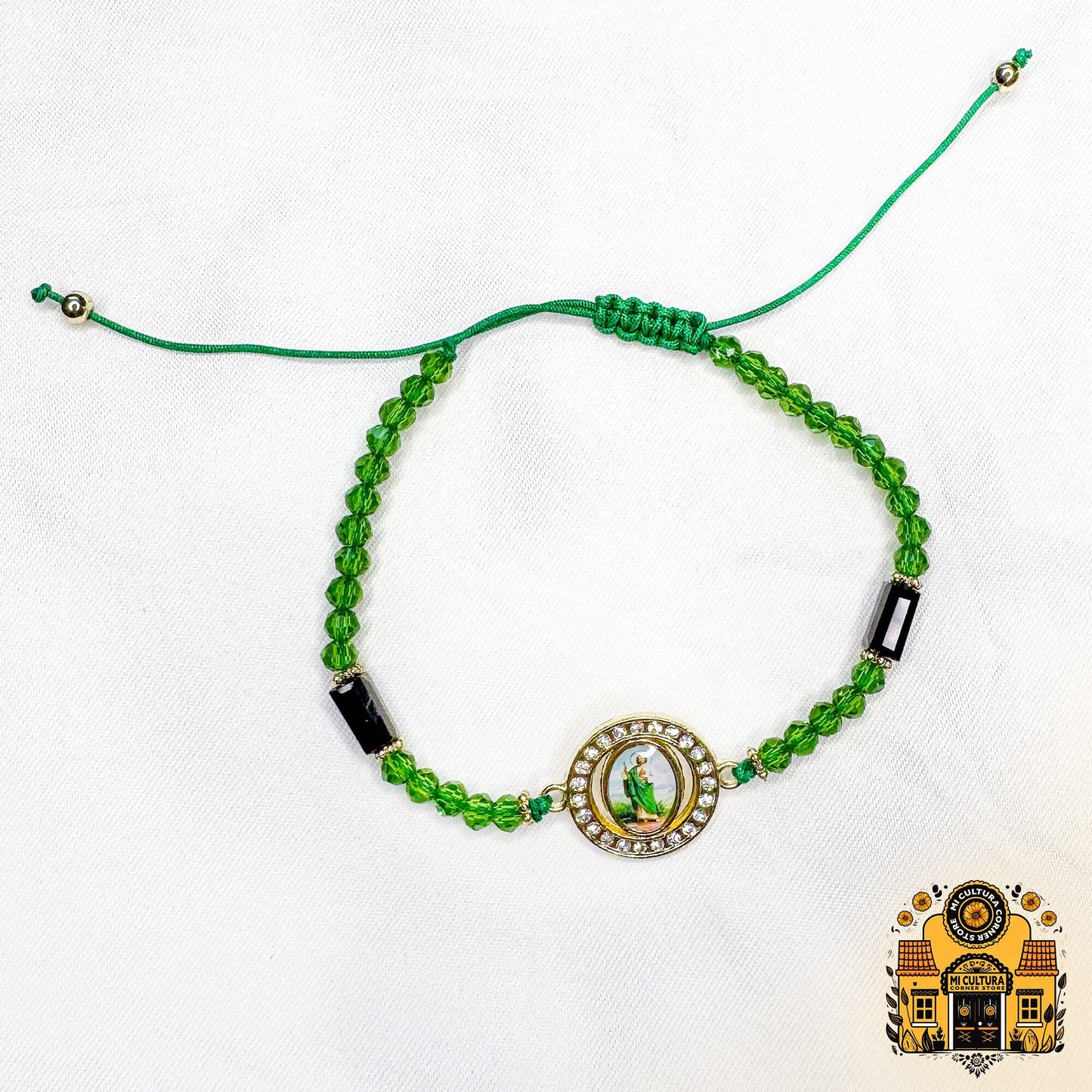 St. Jude San Judas Green Thread Bracelet with Crystals: Divine Elegant Protection, Adjustable for All, Perfect for Every Occasion!