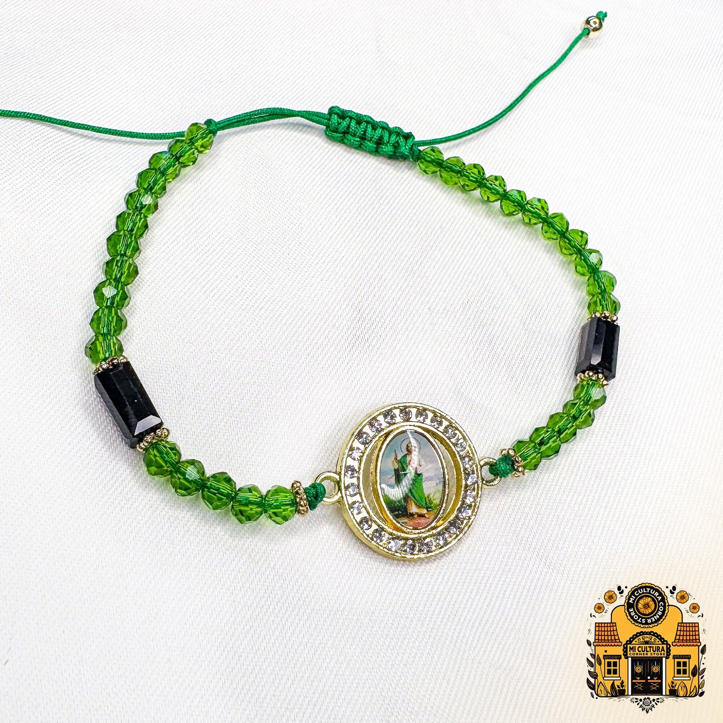 St. Jude San Judas Green Thread Bracelet with Crystals: Divine Elegant Protection, Adjustable for All, Perfect for Every Occasion!