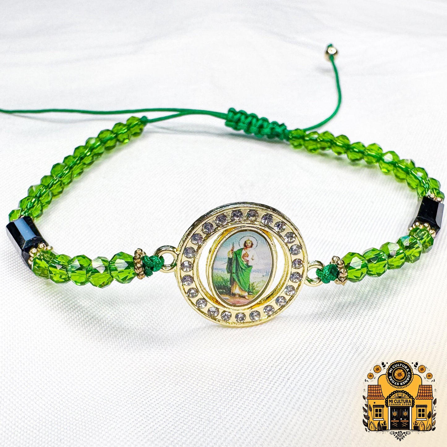 St. Jude San Judas Green Thread Bracelet with Crystals: Divine Elegant Protection, Adjustable for All, Perfect for Every Occasion!