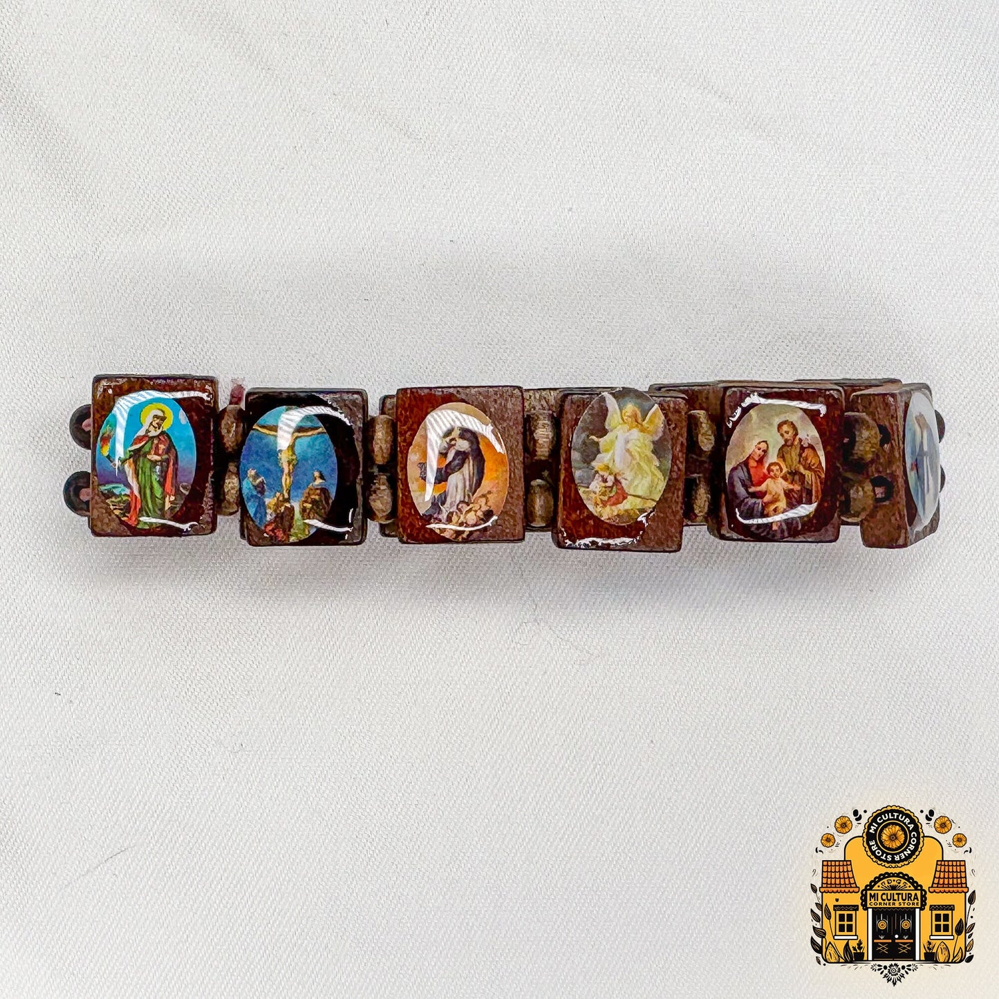 Dark Brown Wood Multi-Saints Bracelet: Embrace Faith with Icons of Jesus, Virgin Mary, Saints, and More!