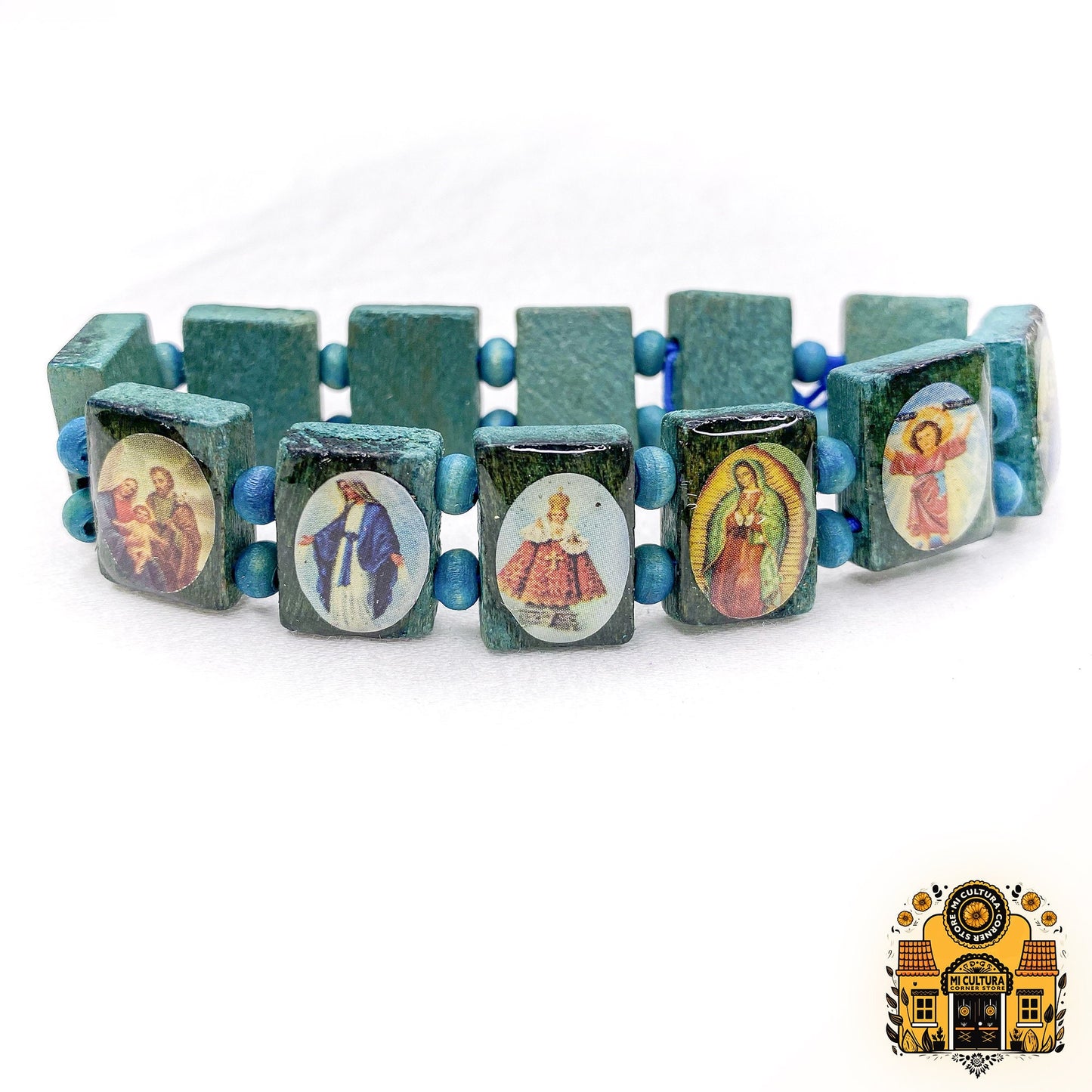 Mexican Wooden Saints Bracelets with Virgin Mary, Jesus Christ, Santo Niño, St. Jude (San Judas), Joseph, St. Michael, Virgen de Guadalupe