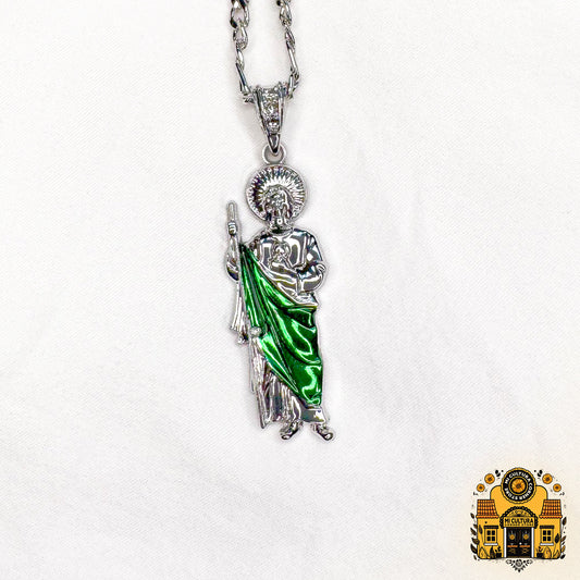 Silver St. Jude Necklace with Green Enamel - 9.5" Figaro Chain / Collar de San Judas de Plata con Esmalte Verde - Cadena Figaro de 9.5"