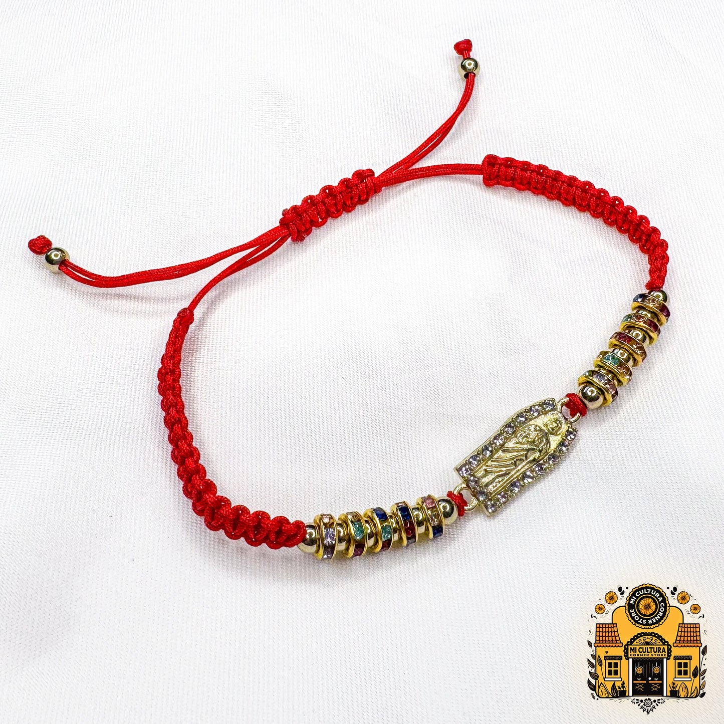 San Judas Tadeo Adjustable Red Thread Bracelet: Easter Blessings for All Ages! Symbolic Charm Surrounded by Crystals.