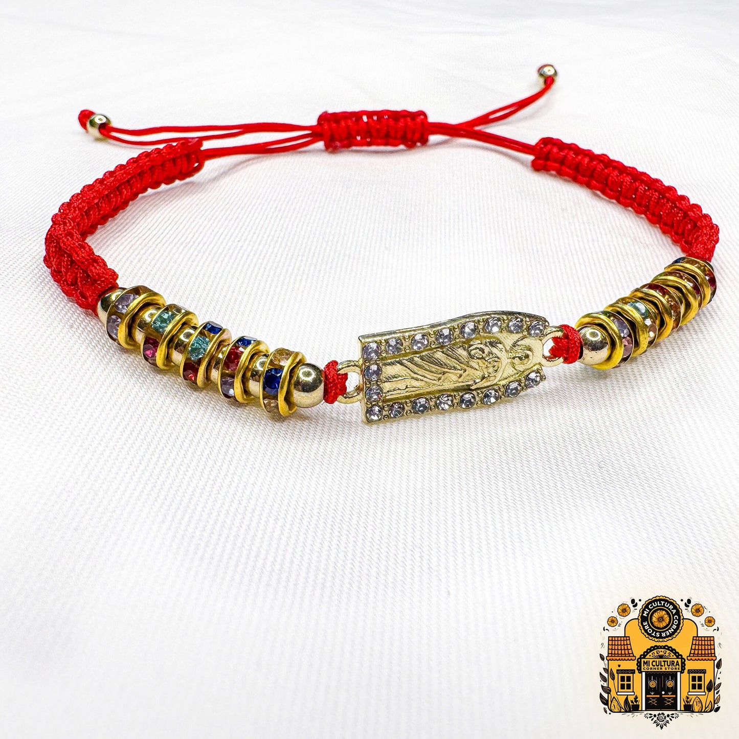 San Judas Tadeo Adjustable Red Thread Bracelet: Easter Blessings for All Ages! Symbolic Charm Surrounded by Crystals.