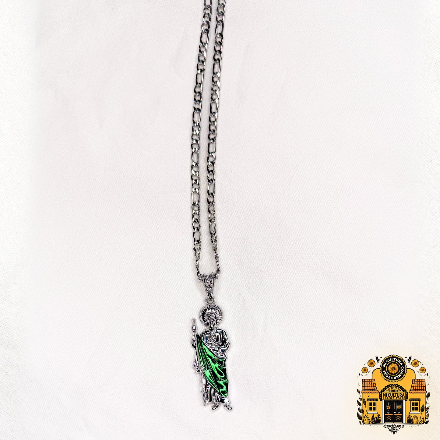 Silver St. Jude Necklace with Green Enamel - 9.5" Figaro Chain / Collar de San Judas de Plata con Esmalte Verde - Cadena Figaro de 9.5"