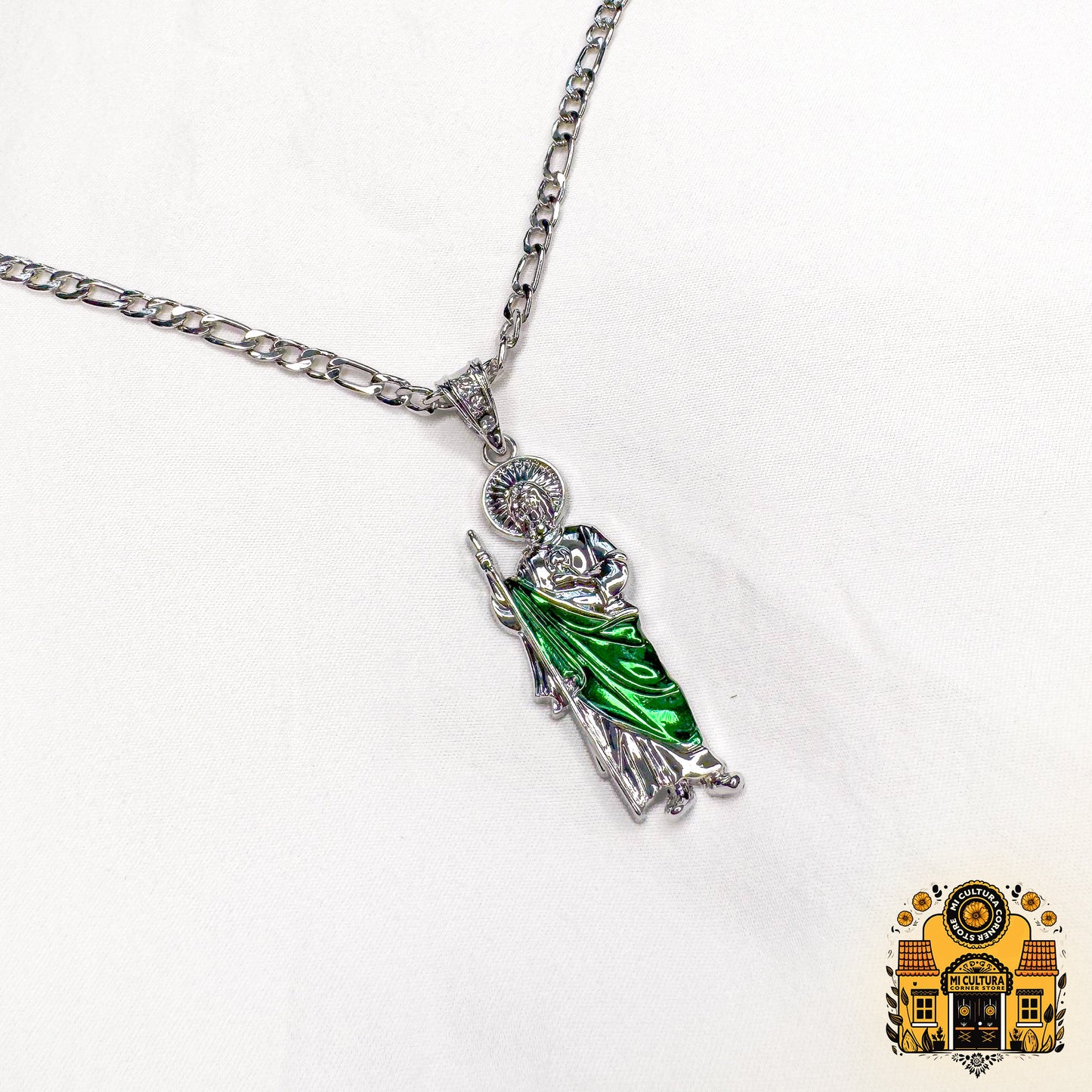 Silver St. Jude Necklace with Green Enamel - 9.5" Figaro Chain / Collar de San Judas de Plata con Esmalte Verde - Cadena Figaro de 9.5"